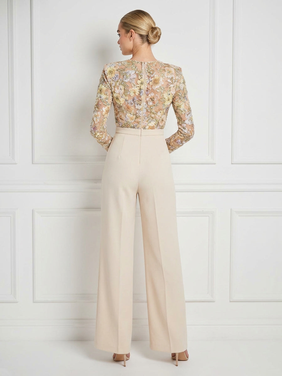 Mother of the Bride & Groom Jumpsuit with Sequin Floral Lace Bodice Long Sleeves & Wide-Leg Pleated Trousers