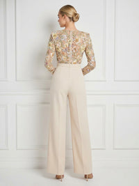 Mother of the Bride & Groom Jumpsuit with Sequin Floral Lace Bodice Long Sleeves & Wide-Leg Pleated Trousers