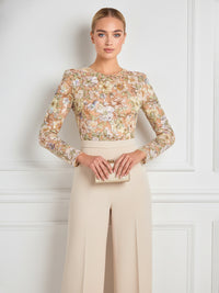 Mother of the Bride & Groom Jumpsuit with Sequin Floral Lace Bodice Long Sleeves & Wide-Leg Pleated Trousers