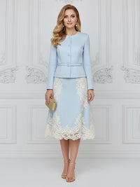 2 Pieces Satin Mother of the Bride & Groom Dresses Suit with Long Sleeves Peplum Blazer & A-Line Midi-Length Lace Embroidery Trim Dress