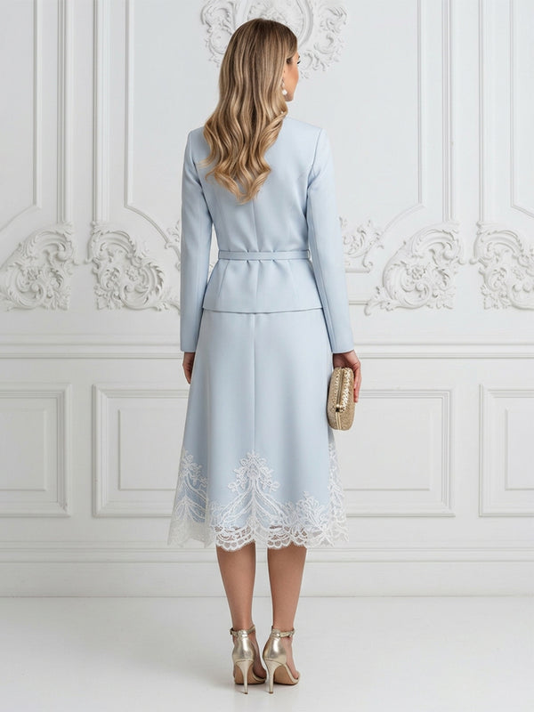 2 Pieces Satin Mother of the Bride & Groom Dresses Suit with Long Sleeves Peplum Blazer & A-Line Midi-Length Lace Embroidery Trim Dress