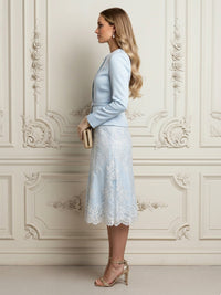 2 Pieces Satin Mother of the Bride & Groom Dresses Suit with Long Sleeves Peplum Blazer & A-Line Midi-Length Lace Embroidery Trim Dress