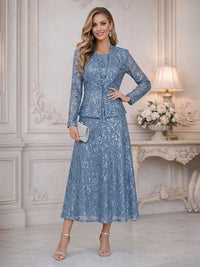 Two-Piece Sequin Floral Lace Embroidery Mother of the Bride & Groom Dress Suit with Long Sleeves Jacket & A-Line Midi-Length Gown