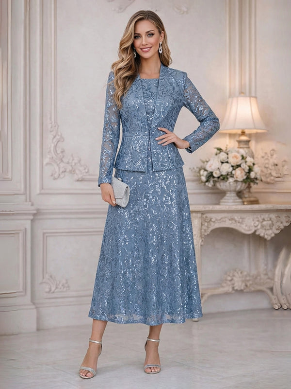 Two-Piece Sequin Floral Lace Embroidery Mother of the Bride & Groom Dress Suit with Long Sleeves Jacket & A-Line Midi-Length Gown