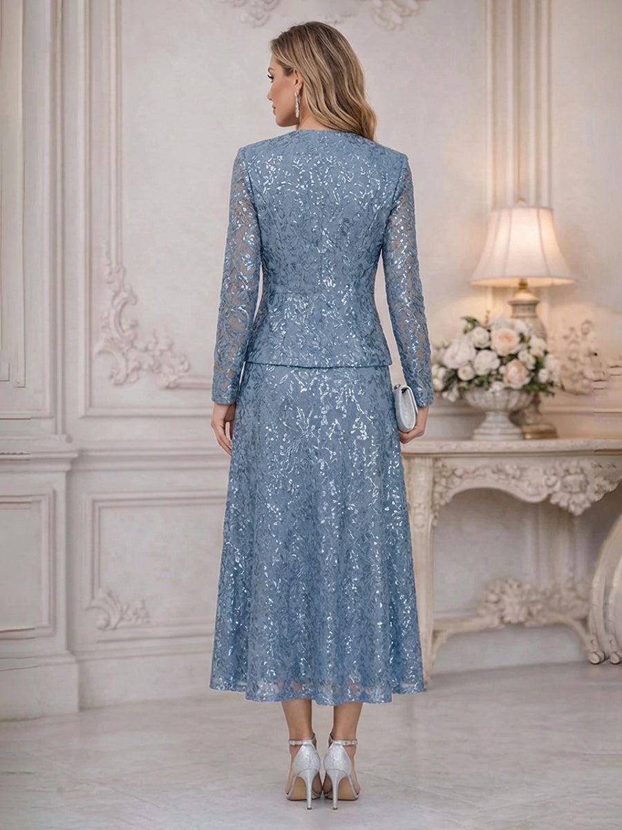 Two-Piece Sequin Floral Lace Embroidery Mother of the Bride & Groom Dress Suit with Long Sleeves Jacket & A-Line Midi-Length Gown