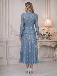 Two-Piece Sequin Floral Lace Embroidery Mother of the Bride & Groom Dress Suit with Long Sleeves Jacket & A-Line Midi-Length Gown