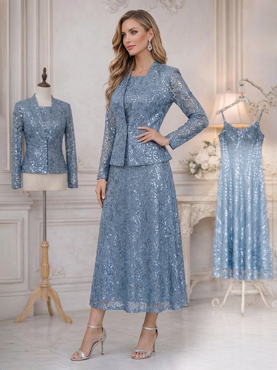 Two-Piece Sequin Floral Lace Embroidery Mother of the Bride & Groom Dress Suit with Long Sleeves Jacket & A-Line Midi-Length Gown