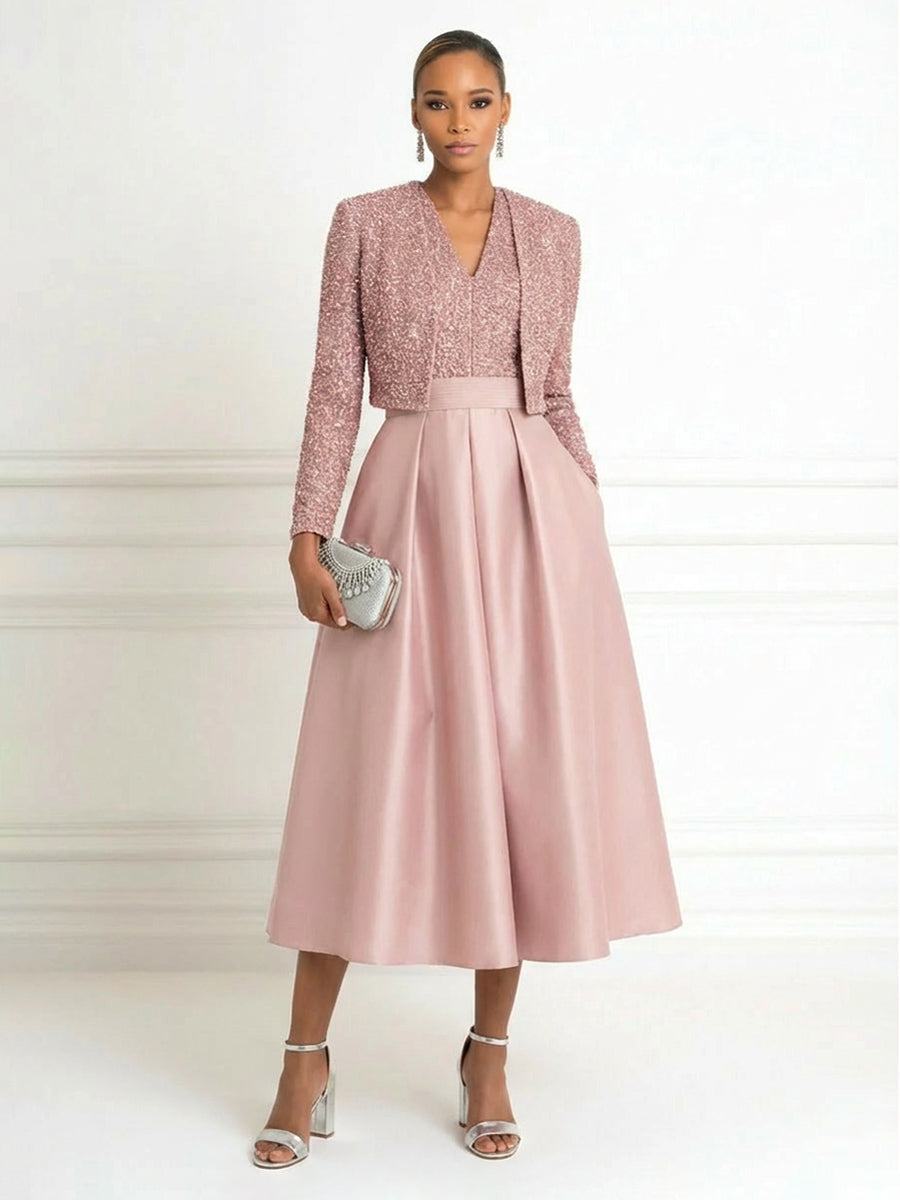 Blush Pink Mother of the Bride Dresses 2026 for Women A-Line V-Neck Long Sleeve Tea Length Formal Evening Gowns