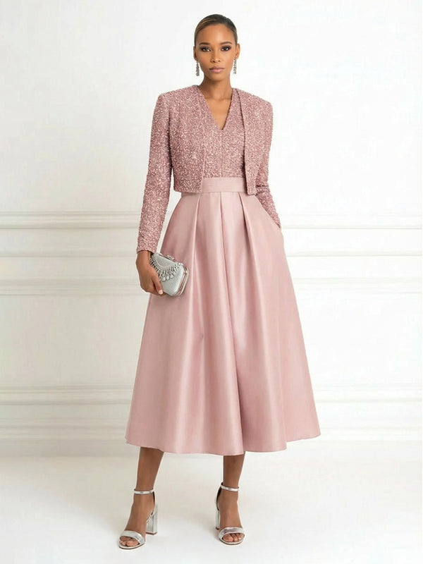 Blush Pink Mother of the Bride Dresses 2026 for Women A-Line V-Neck Long Sleeve Tea Length Formal Evening Gowns