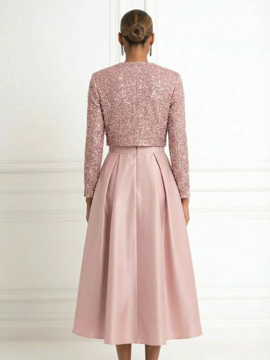 Two-Piece Mother of the Bride & Groom Dress Suit with Long Sleeves Sequin Cropped Jacket & A-Line Midi-Length Satin Gown