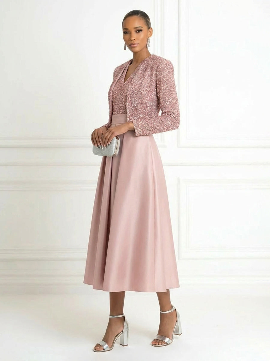 Two-Piece Mother of the Bride & Groom Dress Suit with Long Sleeves Seq