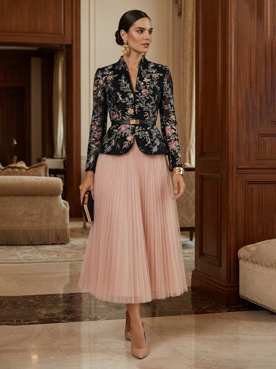 Two-Piece Mother of the Bride & Groom Dresses Suit with Long Sleeves Floral Beaded Sequin Embroidered Jacket & A-Line Tea-Length Tulle Dress