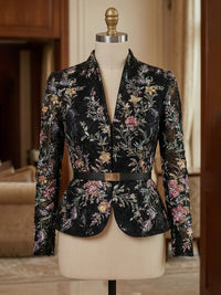 Two-Piece Mother of the Bride & Groom Dresses Suit with Long Sleeves Floral Beaded Sequin Embroidered Jacket & A-Line Tea-Length Tulle Dress