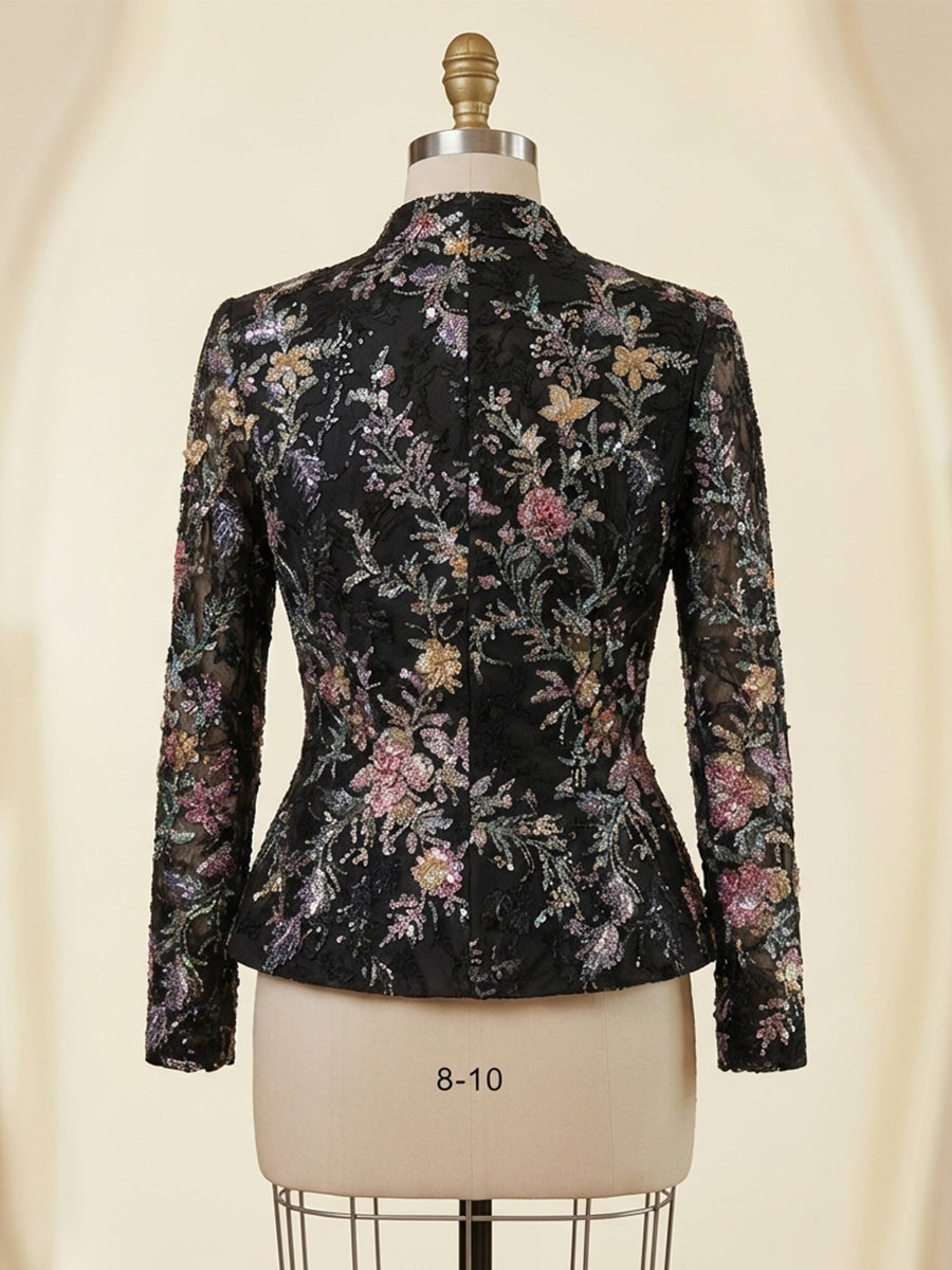 Two-Piece Mother of the Bride & Groom Dresses Suit with Long Sleeves Floral Beaded Sequin Embroidered Jacket & A-Line Tea-Length Tulle Dress