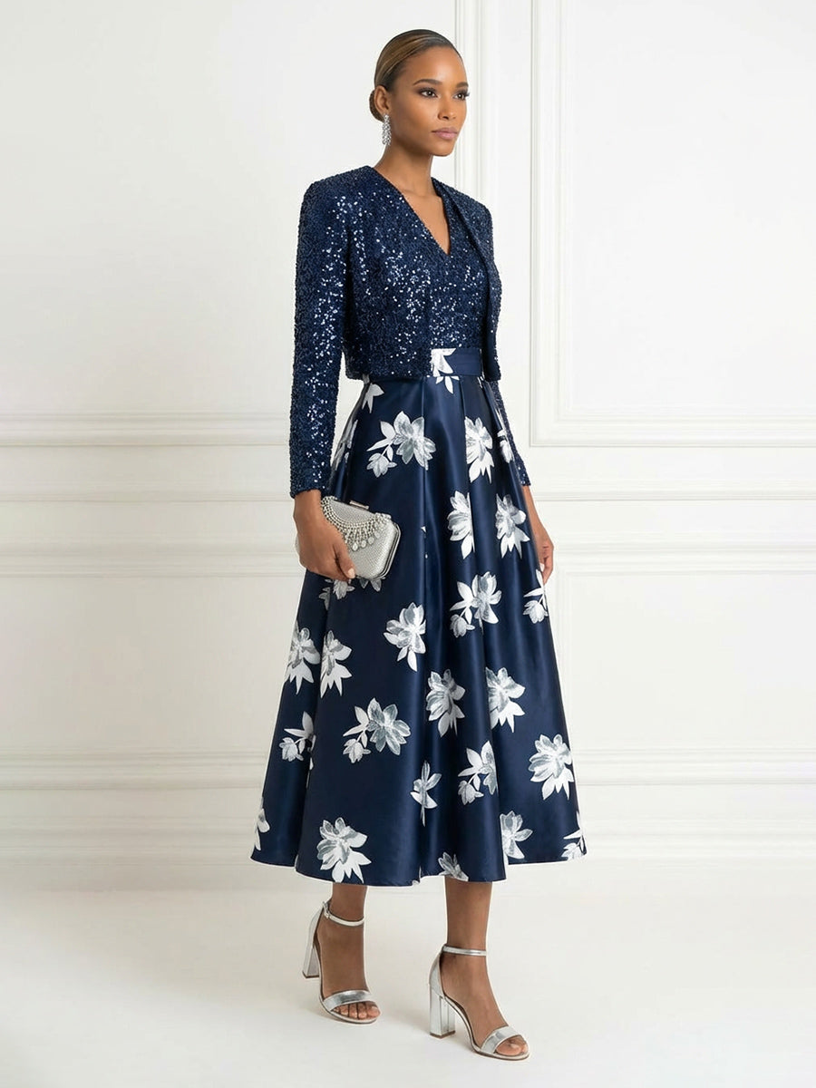 Two-Piece Mother of the Bride & Groom Dresses Suit with Long Sleeves Sequin Cropped Jacket & A-Line Midi-Length Satin Floral Dress