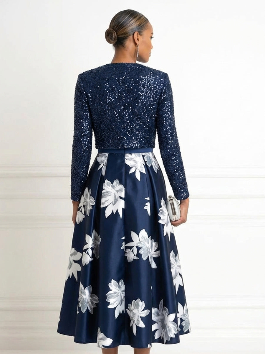 Two-Piece Mother of the Bride & Groom Dresses Suit with Long Sleeves Sequin Cropped Jacket & A-Line Midi-Length Satin Floral Dress