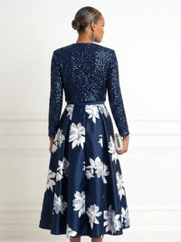 Two-Piece Mother of the Bride & Groom Dresses Suit with Long Sleeves Sequin Cropped Jacket & A-Line Midi-Length Satin Floral Dress