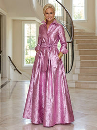 Metallic Satin A-Line Floor-Length Mother of the Bride & Groom Dresses with Long Cuffed Sleeves & Belt Waist