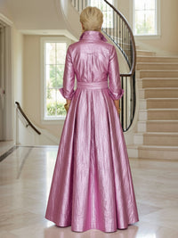 Metallic Satin A-Line Floor-Length Mother of the Bride & Groom Dresses with Long Cuffed Sleeves & Belt Waist