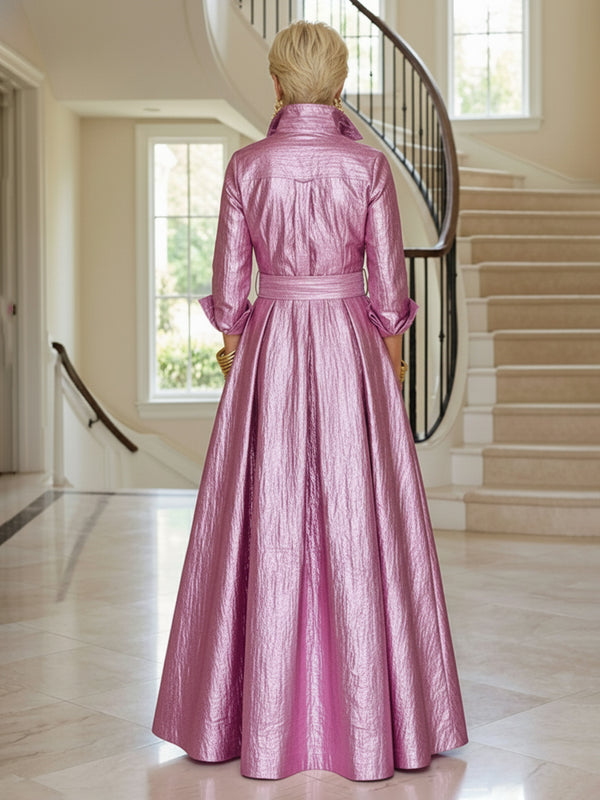Metallic Satin A-Line Floor-Length Mother of the Bride & Groom Dresses with Long Cuffed Sleeves & Belt Waist