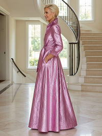 Metallic Satin A-Line Floor-Length Mother of the Bride & Groom Dresses with Long Cuffed Sleeves & Belt Waist
