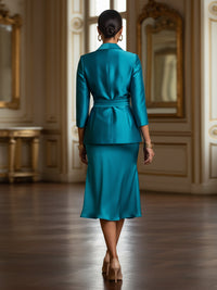 Two-Piece Satin Mother of the Bride & Groom Dresses Suit with 3/4 Sleeves Jacket & Sheath Midi-Length Dress