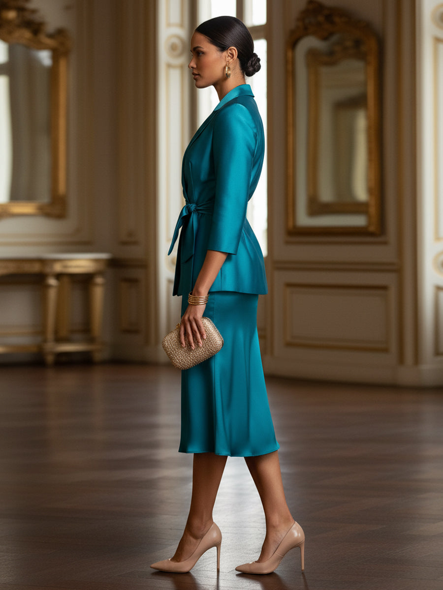 Two-Piece Satin Mother of the Bride & Groom Dresses Suit with 3/4 Sleeves Jacket & Sheath Midi-Length Dress
