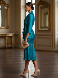 Two-Piece Satin Mother of the Bride & Groom Dresses Suit with 3/4 Sleeves Jacket & Sheath Midi-Length Dress