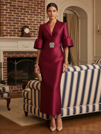 Sheath Satin Tea-Length Mother of the Bride & Groom Dresses with 3/4 Bell Sleeves & Crystal Embellished Belt