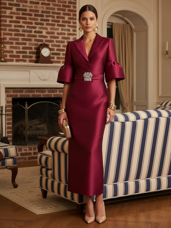 Sheath Satin Tea-Length Mother of the Bride & Groom Dresses with 3/4 Bell Sleeves & Crystal Embellished Belt