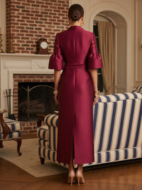 Sheath Satin Tea-Length Mother of the Bride & Groom Dresses with 3/4 Bell Sleeves & Crystal Embellished Belt