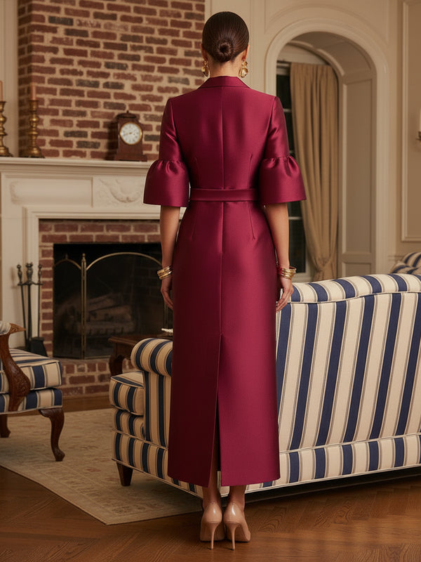 Sheath Satin Tea-Length Mother of the Bride & Groom Dresses with 3/4 Bell Sleeves & Crystal Embellished Belt