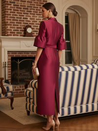 Sheath Satin Tea-Length Mother of the Bride & Groom Dresses with 3/4 Bell Sleeves & Crystal Embellished Belt
