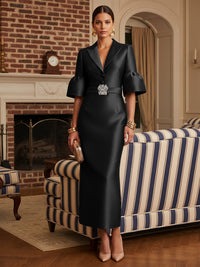 Sheath Satin Tea-Length Mother of the Bride & Groom Dresses with 3/4 Bell Sleeves & Crystal Embellished Belt