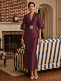 Shirees Burgundy Sheath Satin Tea-Length Mother of the Bride & Groom Dresses with 3/4 Bell Sleeves & Crystal Embellished Belt 2026