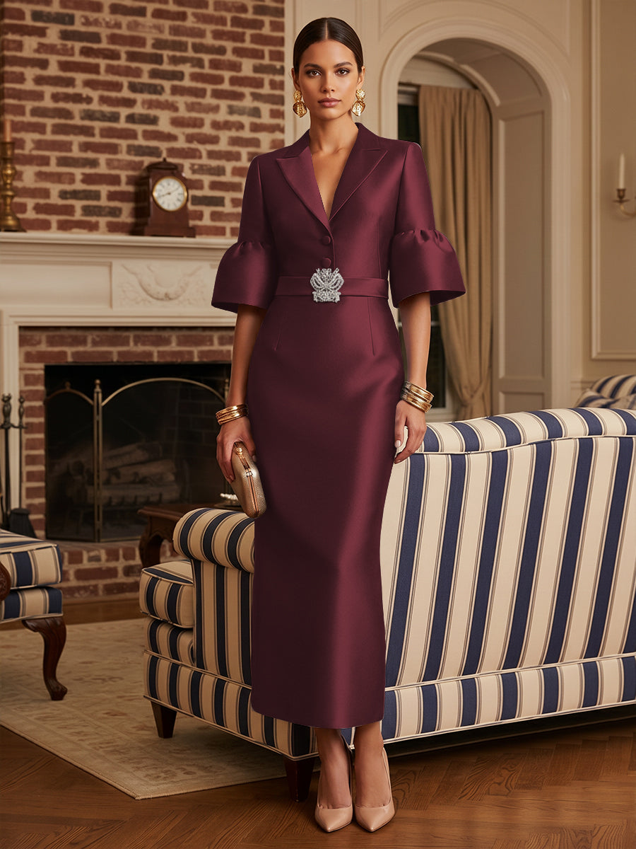 Sheath Satin Tea-Length Mother of the Bride & Groom Dresses with 3/4 Bell Sleeves & Crystal Embellished Belt