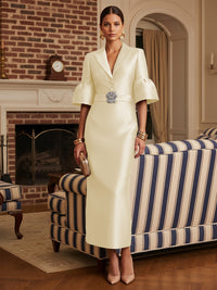 Sheath Satin Tea-Length Mother of the Bride & Groom Dresses with 3/4 Bell Sleeves & Crystal Embellished Belt