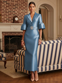 Sheath Satin Tea-Length Mother of the Bride & Groom Dresses with 3/4 Bell Sleeves & Crystal Embellished Belt