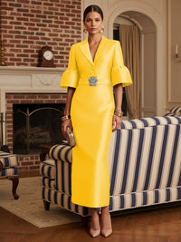 Sheath Satin Tea-Length Mother of the Bride & Groom Dresses with 3/4 Bell Sleeves & Crystal Embellished Belt