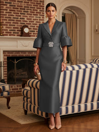 Sheath Satin Tea-Length Mother of the Bride & Groom Dresses with 3/4 Bell Sleeves & Crystal Embellished Belt