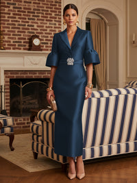 Sheath Satin Tea-Length Mother of the Bride & Groom Dresses with 3/4 Bell Sleeves & Crystal Embellished Belt