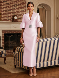 Sheath Satin Tea-Length Mother of the Bride & Groom Dresses with 3/4 Bell Sleeves & Crystal Embellished Belt