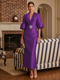 Sheath Satin Tea-Length Mother of the Bride & Groom Dresses with 3/4 Bell Sleeves & Crystal Embellished Belt