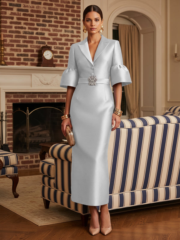 Sheath Satin Tea-Length Mother of the Bride & Groom Dresses with 3/4 Bell Sleeves & Crystal Embellished Belt