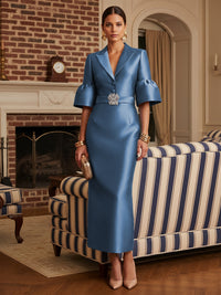 Shirees Dusty Blue Sheath Satin Tea-Length Mother of the Bride & Groom Dresses with 3/4 Bell Sleeves & Crystal Embellished Belt 2026