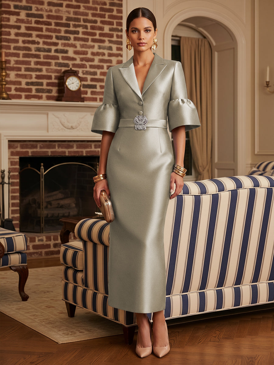 Sheath Satin Tea-Length Mother of the Bride & Groom Dresses with 3/4 Bell Sleeves & Crystal Embellished Belt