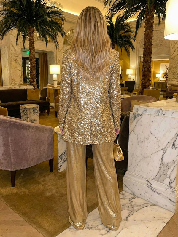 Two-Piece Metallic Satin Mother of the Bride & Groom Jumpsuit with Long Sleeves Sequin Jacket & Strapless Neck