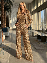 Two-Piece Sequin Mother of the Bride & Groom Jumpsuit with Long Sleeves Cropped Jacket & 3D Floral Appliques