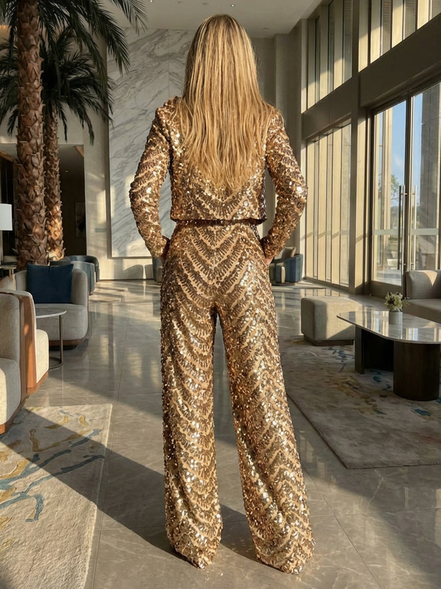 Two-Piece Sequin Mother of the Bride & Groom Jumpsuit with Long Sleeves Cropped Jacket & 3D Floral Appliques