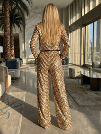 Two-Piece Sequin Mother of the Bride & Groom Jumpsuit with Long Sleeves Cropped Jacket & 3D Floral Appliques